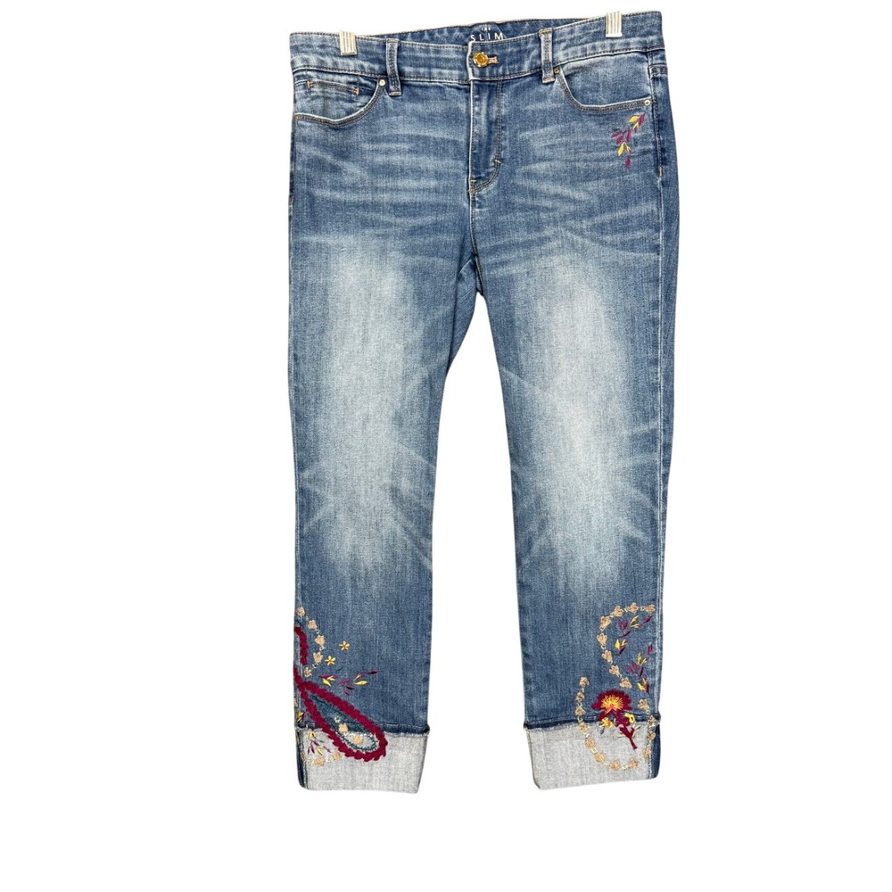 WHBM Jeans Womens 6 Blue Slim Crop Embroidered Cuffed‎ Floral Cotton Stretch